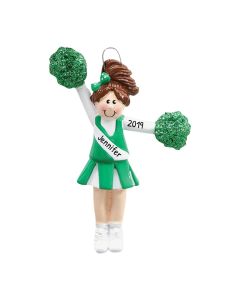 Personalized Pom Pom Girl Christmas Tree Ornament Brunette Green