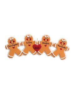 Personalized Gingerbread Family of 4 Christmas Tree Ornament 