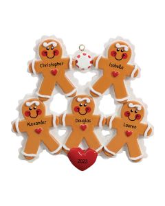 Personalized Gingerbread Family of 5 Christmas Tree Ornament 