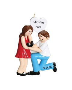 Personalized Engaged Christmas Tree Ornament Brunette Red and White