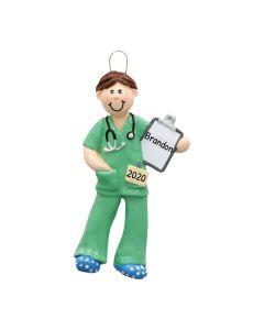 Personalized Scrubs Christmas Tree Ornament Brunette Male Green 