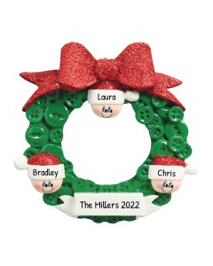 Personalized Button Wreath Family of 3 Christmas Tree Ornament 