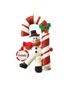 Personalized Candy Cane Snowman Ornament 