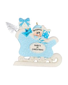 Personalized Blue Baby Sleigh Christmas Tree Ornament